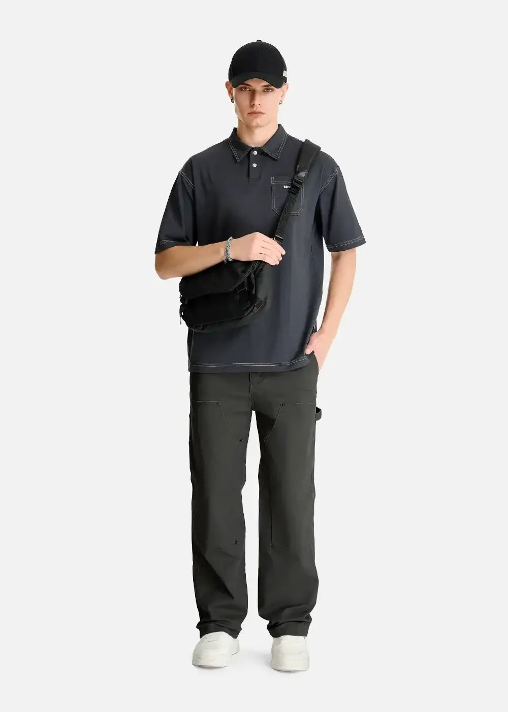 Áo Thun Polo Cotton Co Giãn Chỉ Nổi Tạo Kiểu The No Style 027 Màu Xám Đậm Phom Rộng Rãi F4 - Ảnh 11