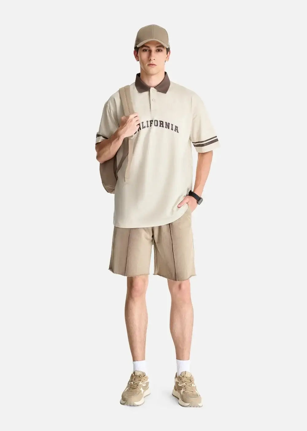 Áo Thun Polo FlexFit™ Cổ Phối Màu "CALIFORNIA" The No Style 028 Màu Be Phom Rộng Rãi F4 - Ảnh 7