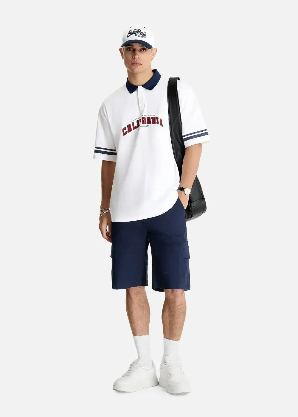 Áo Thun Polo FlexFit™ Cổ Phối Màu "CALIFORNIA" The No Style 028 Màu Trắng Phom Rộng Rãi F4 - Ảnh 7