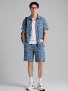 Set Đồ Ngắn Jacquard Jean Nam Form Regular